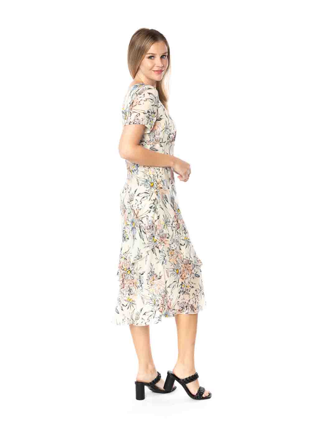 Tianello  "CEZANNE" Print "Sueded" CUPRO  "Iris" Cap Sleeved Bias Dress