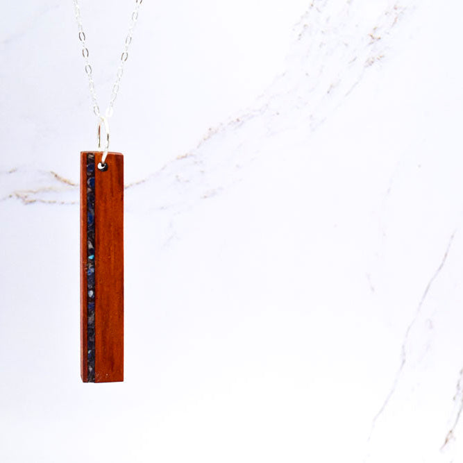 Wood & Sterling Silver Bar Necklace, Vertical Stone Inlay