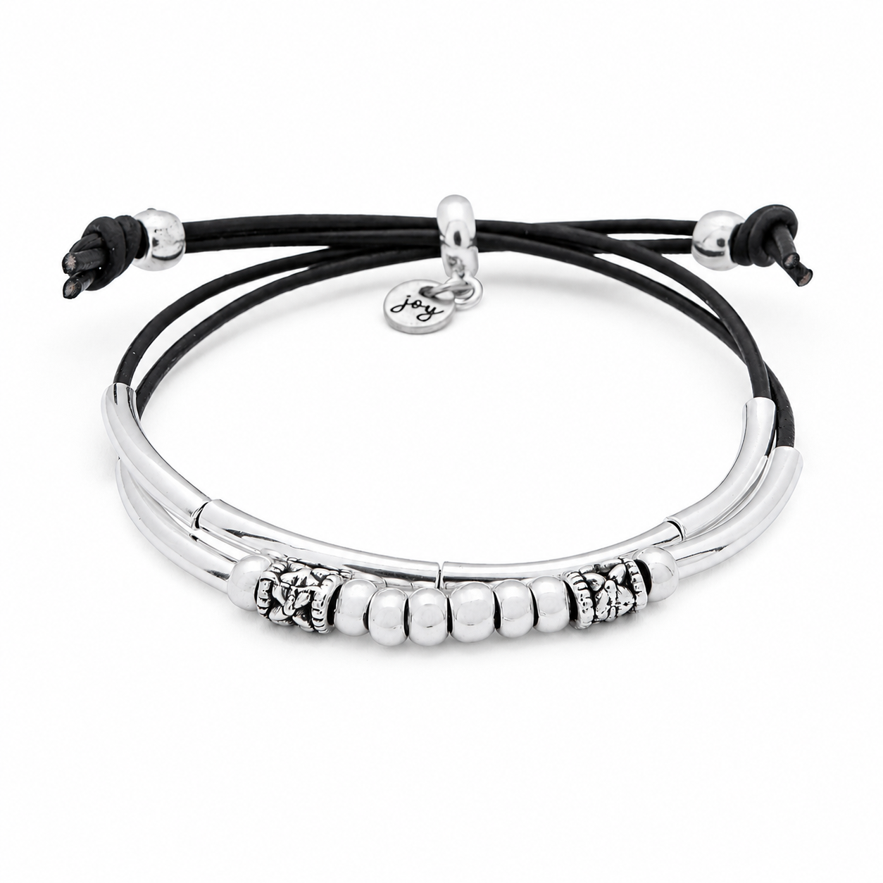 Pancake Silver Adjustable Bracelet in Black Leather | Add Charm Choice