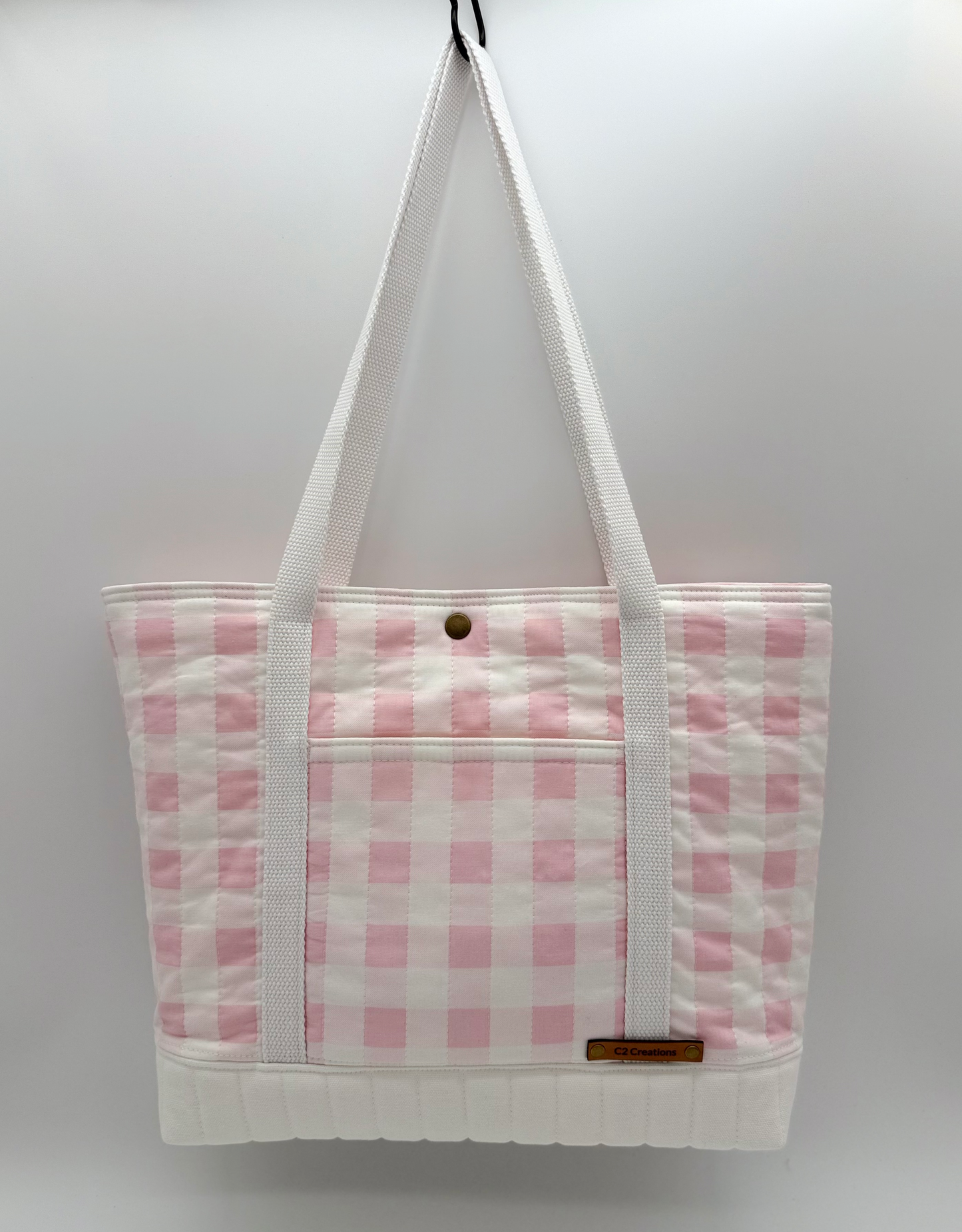 Pink Gingham Quilted Tote Bag - Handmade Canvas Tote with Snap Closure