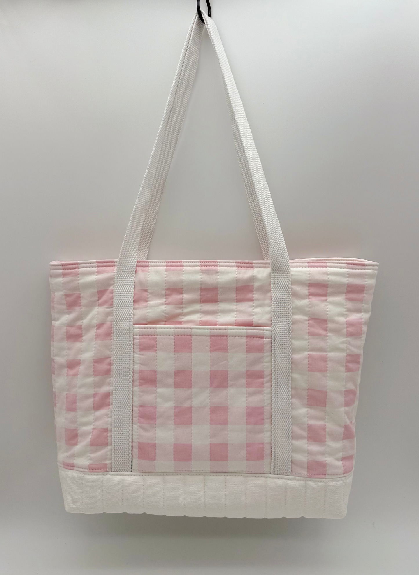 Pink Gingham Quilted Tote Bag - Handmade Canvas Tote with Snap Closure
