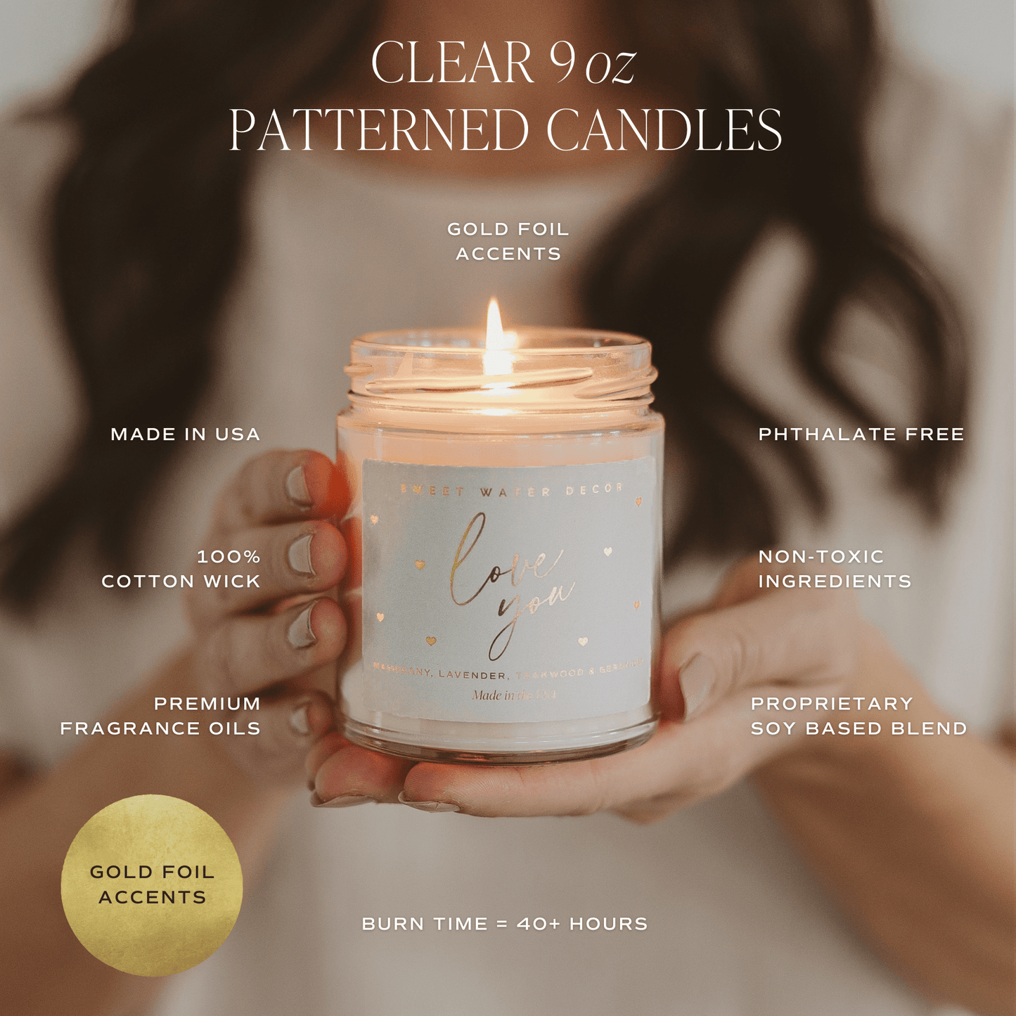 Love You Soy Candle Patterned - Clear Jar - 9 oz (Driftwood and Mahogany)