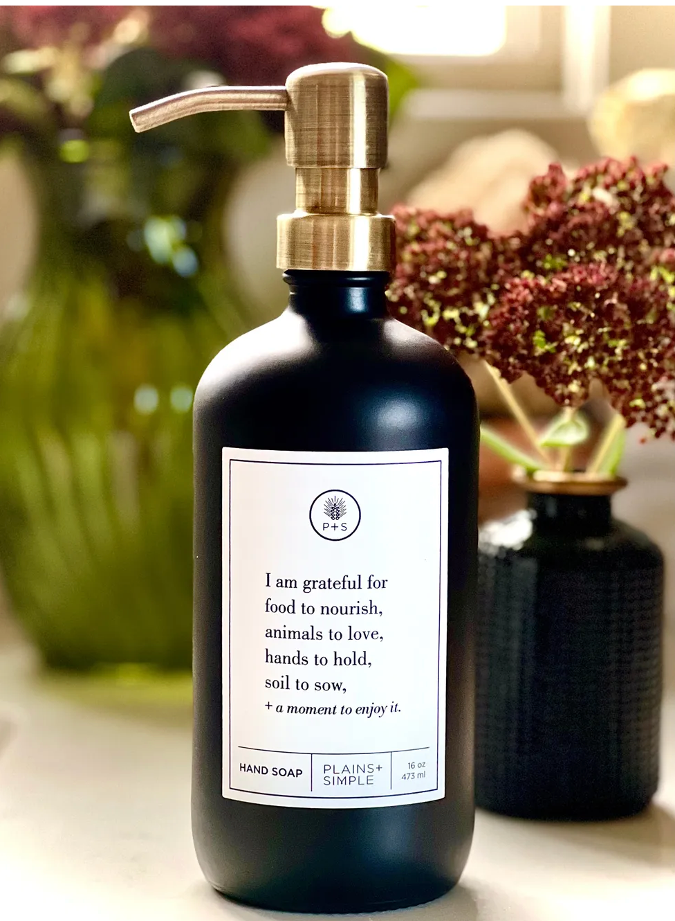 SALE | "I Am Grateful" Black Glass Lotion & Soap Dispenser | 16 oz | Plains + Simple