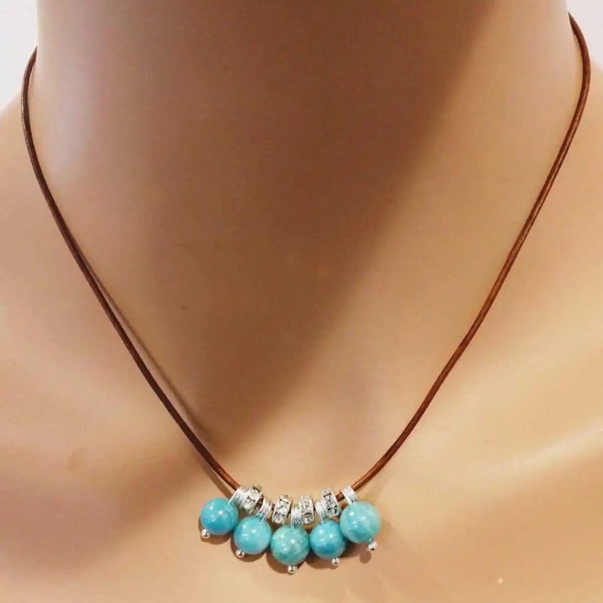 Silver Green Blue Shell Bead Charm Leather Necklace