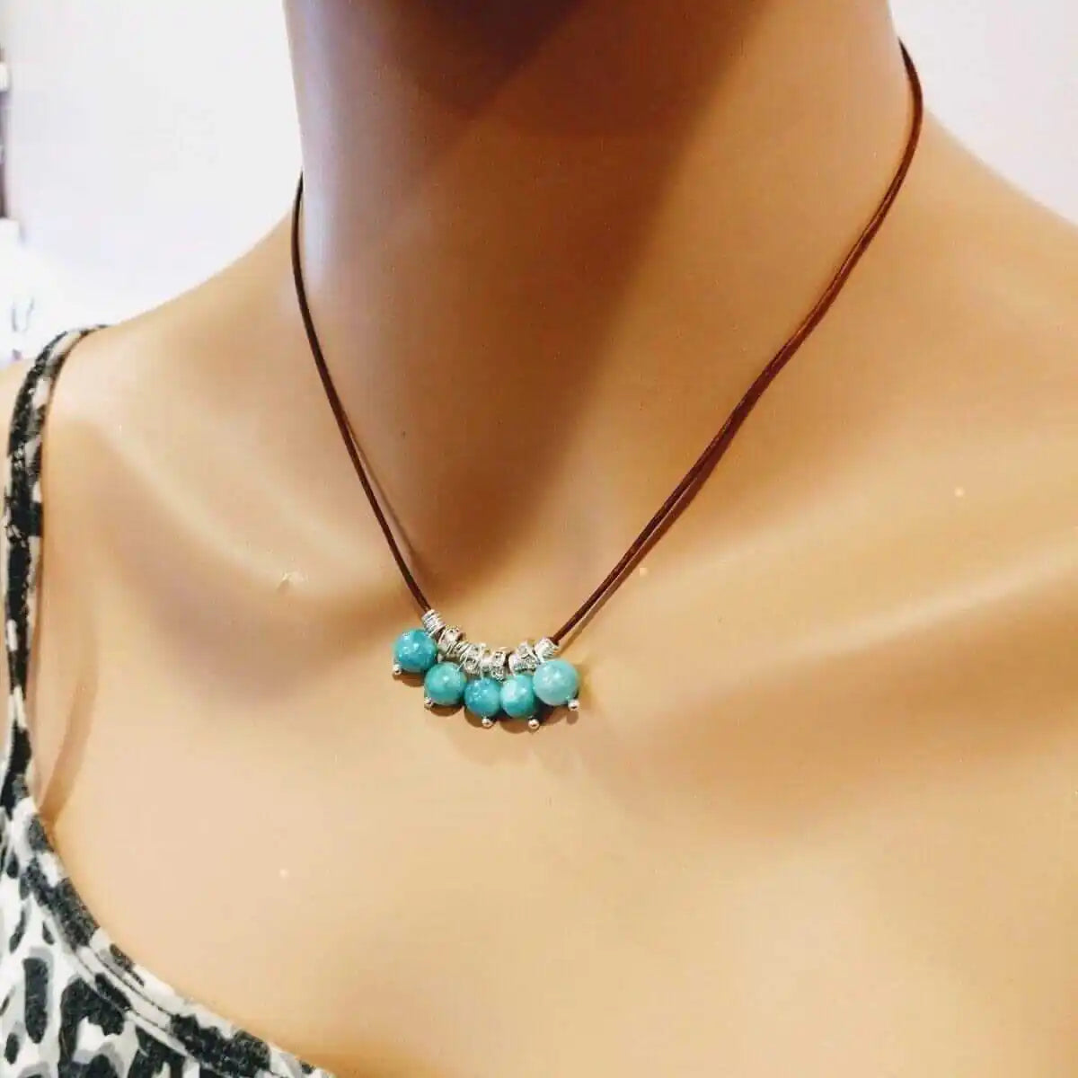 Silver Green Blue Shell Bead Charm Leather Necklace