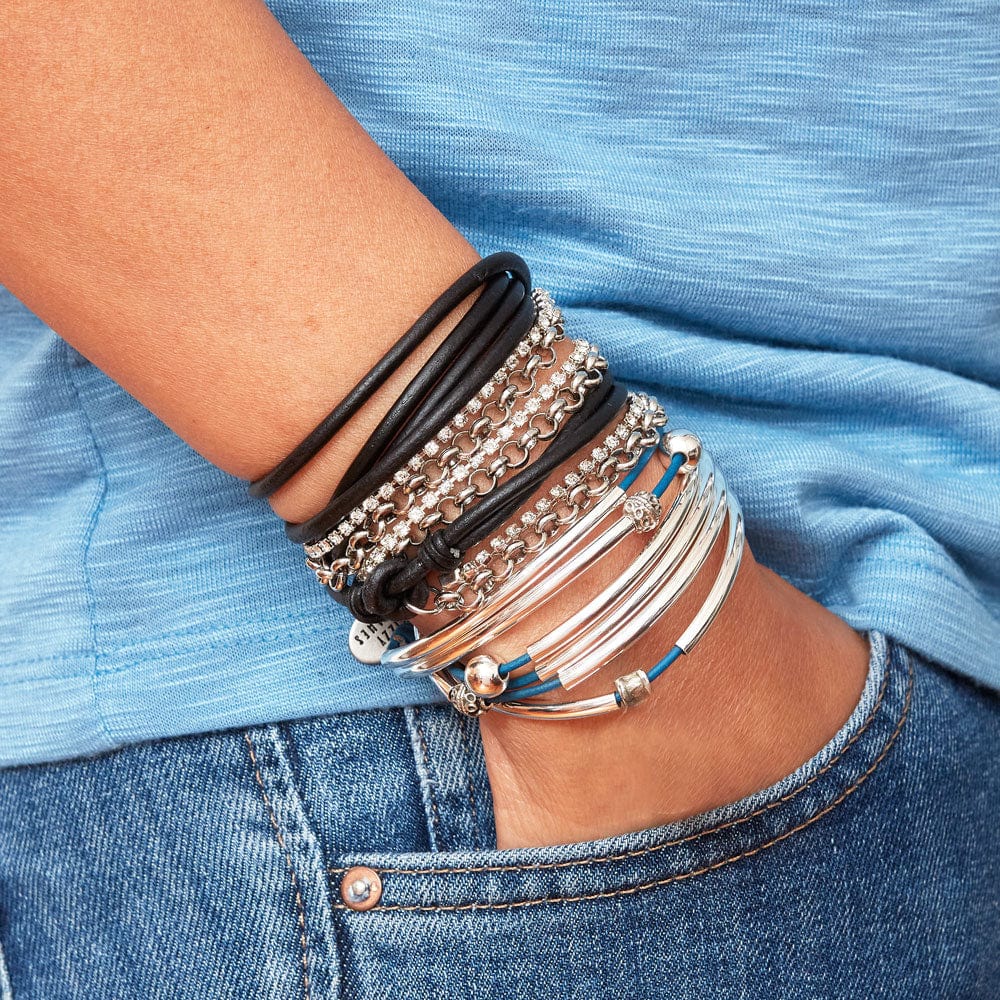 Sydney Black Leather Convertible Wrap Bracelet Necklace with Rhinestones & Silver Loop Chain
