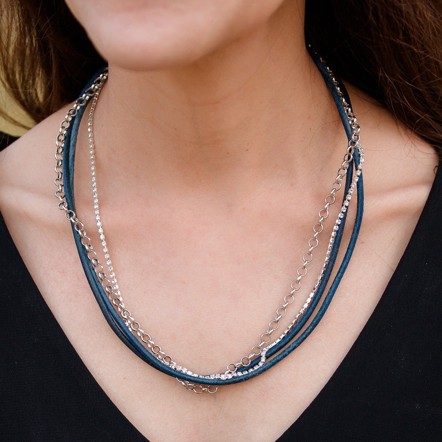 Sydney Black Leather Convertible Wrap Bracelet Necklace with Rhinestones & Silver Loop Chain
