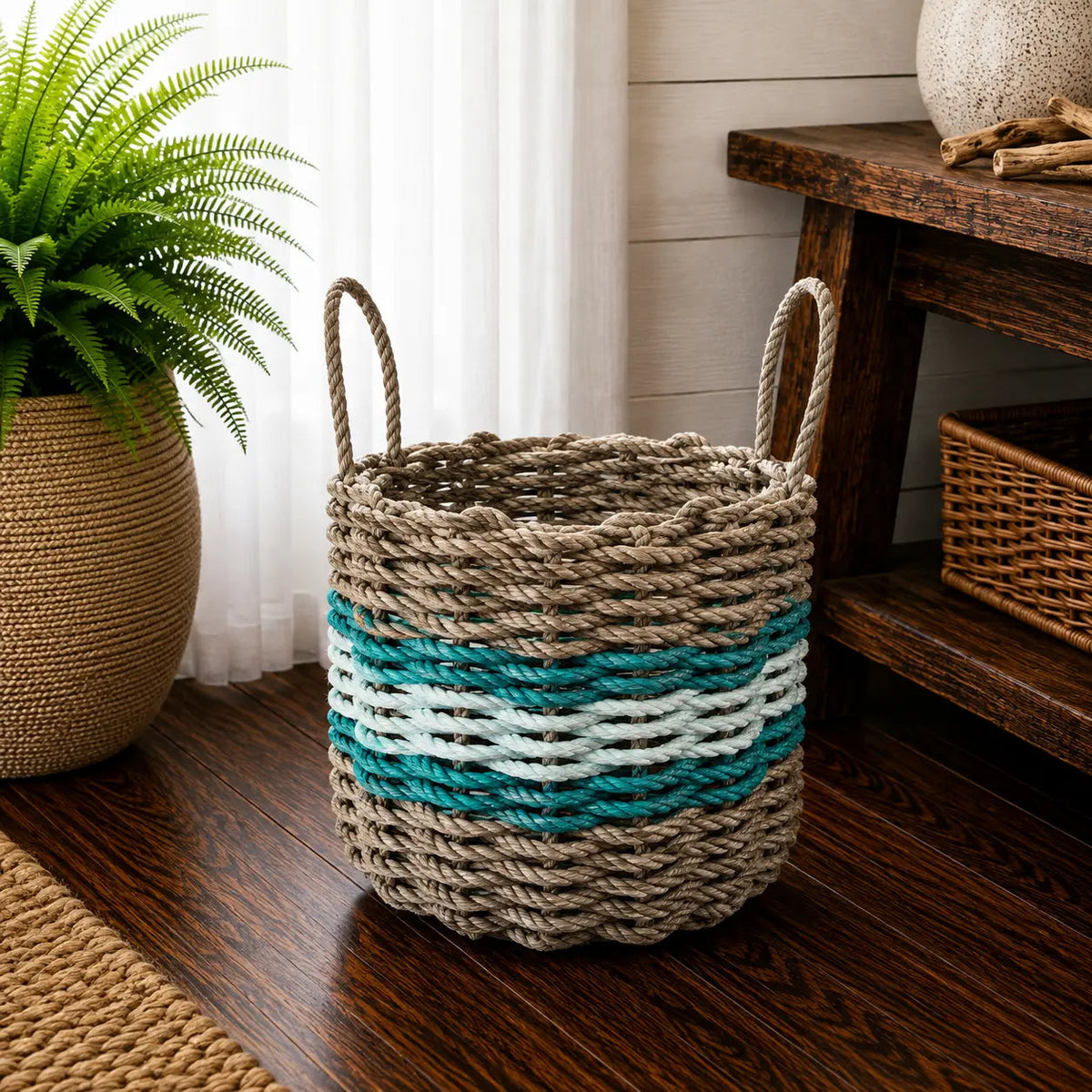 Tan, Seafoam & Teal Accent Rope Basket