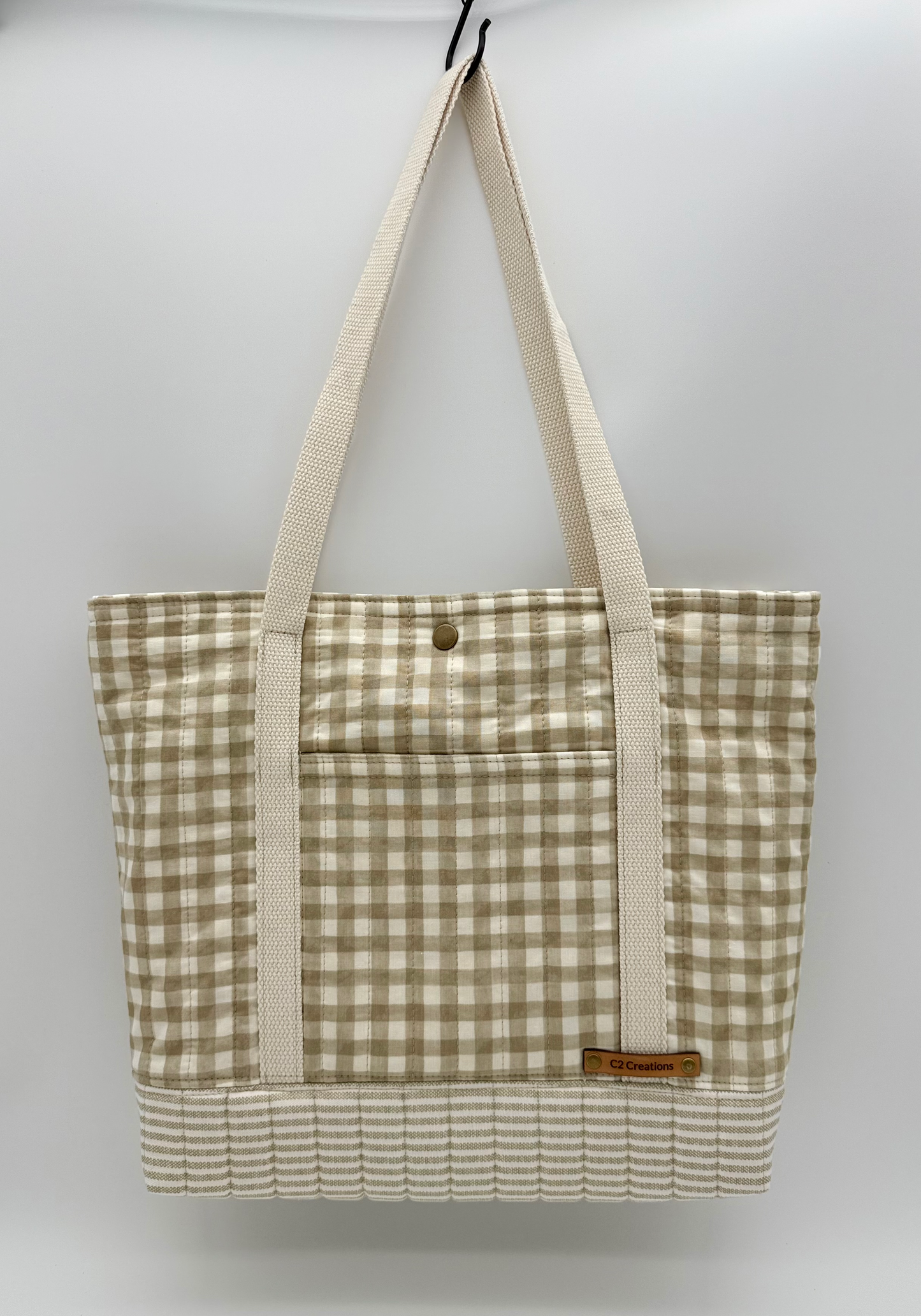 Handmade Gingham Tote Bag in Taupe & Cream with Quilted Bottom