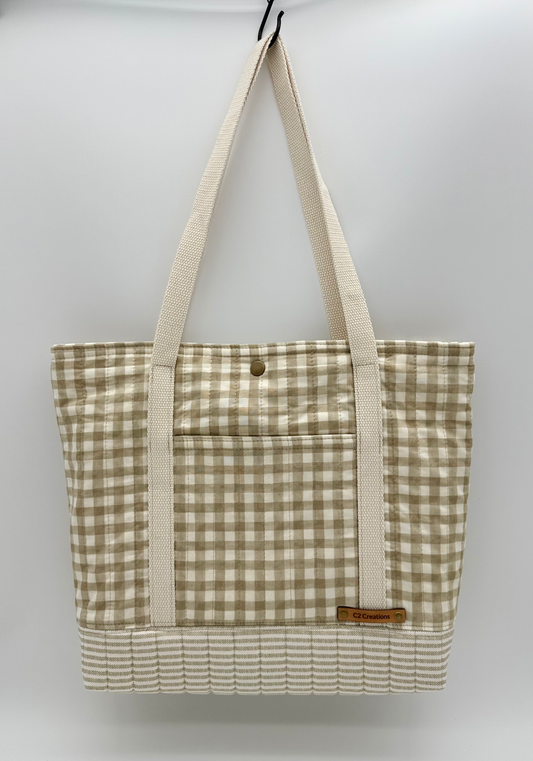 Handmade Gingham Tote Bag in Taupe & Cream with Quilted Bottom