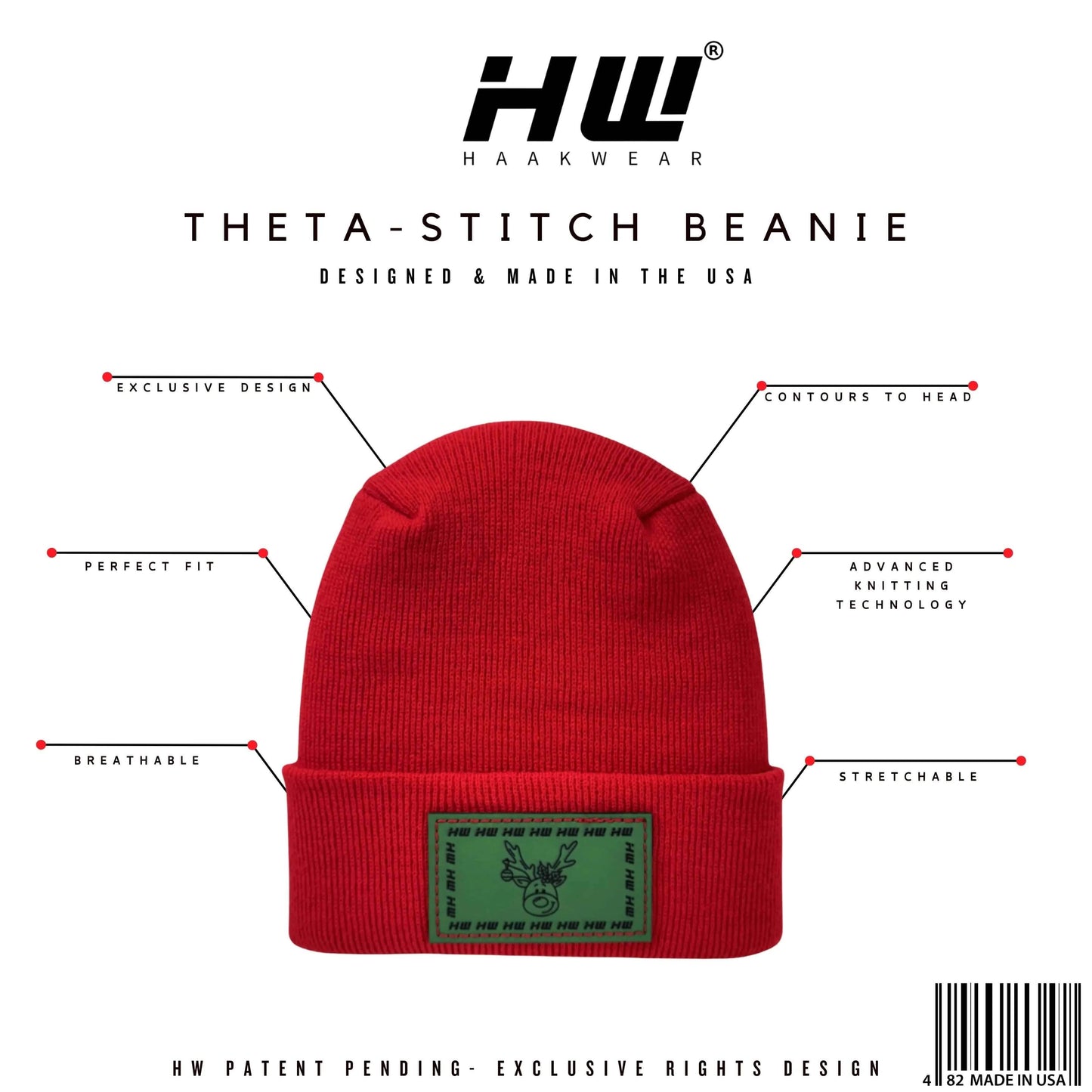 Haakwear H Stitch Beanie, Reindeer Christmas Red Beanie