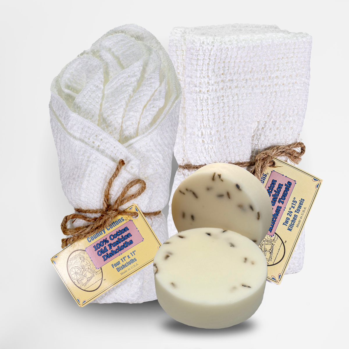 Starter Kit 100% Cotton Dishcloth 11" x 11" (4), Kitchen Towel 24" x 15" (2), Dish Soaps (1 Each Scent)
