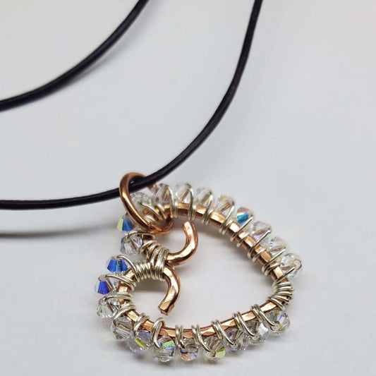 Wire Wrapped Copper Hammered Open Heart Crystal Necklace
