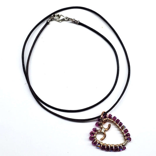 Wire Wrapped Copper Hammered Open Heart Crystal Necklace