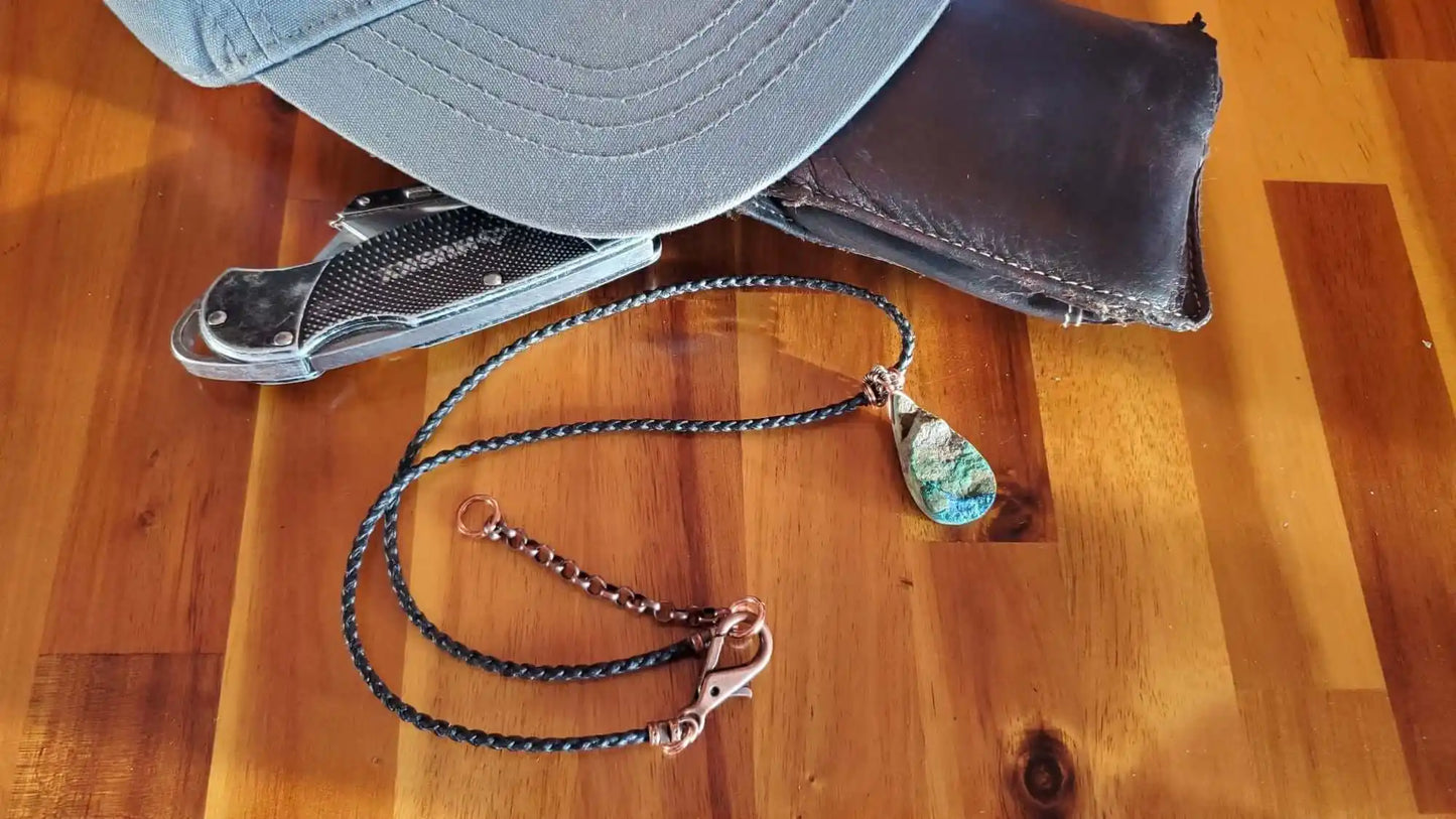 Wire Wrapped Copper Natural Azurite Malachite Drop Vegan Cord Necklace