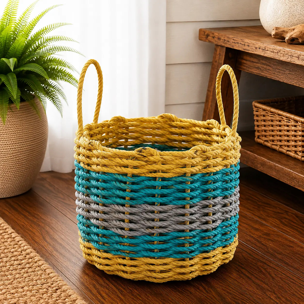 Yellow, Teal & Gray Five Stripe Rope Basket