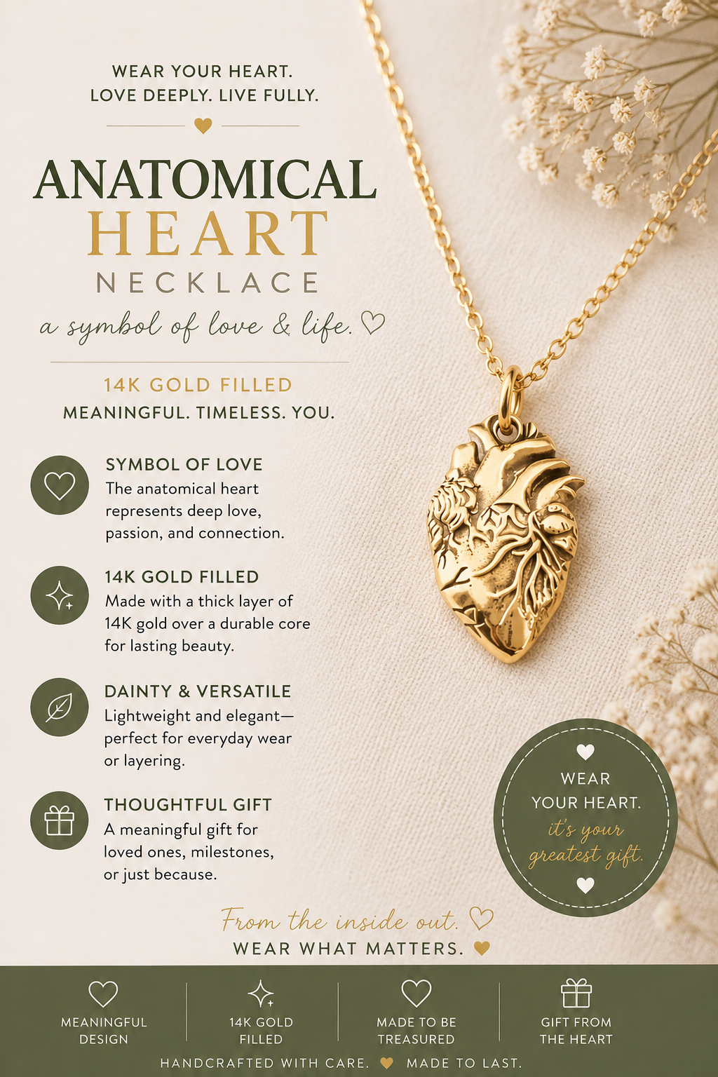 Anatomical Heart Charm 14k Gold Filled Necklace
