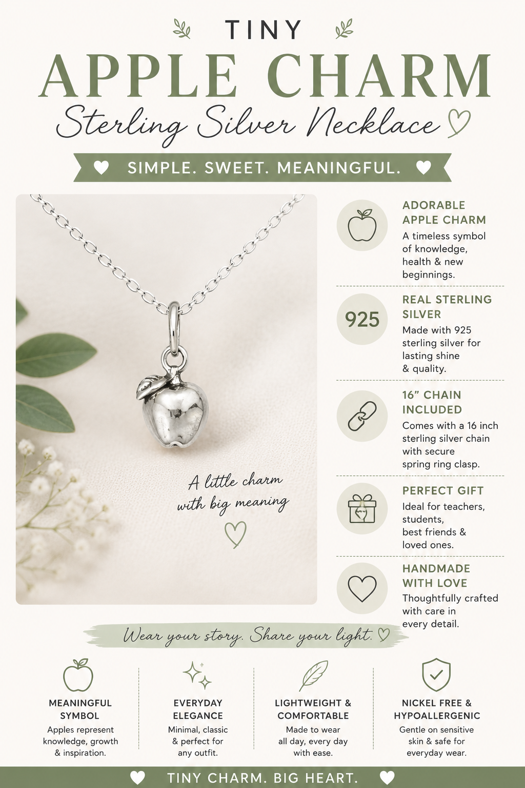 Tiny Apple Charm - Sterling Silver Necklace