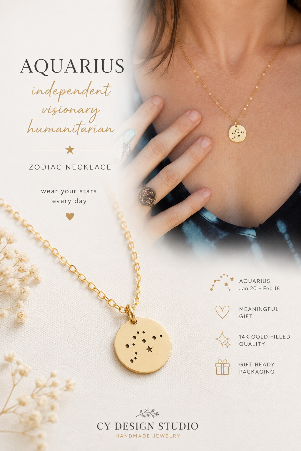 Aquarius Zodiac Necklace – Bronze Constellation Pendant on 14K Gold Filled Chain, Astrology Jewelry Gift