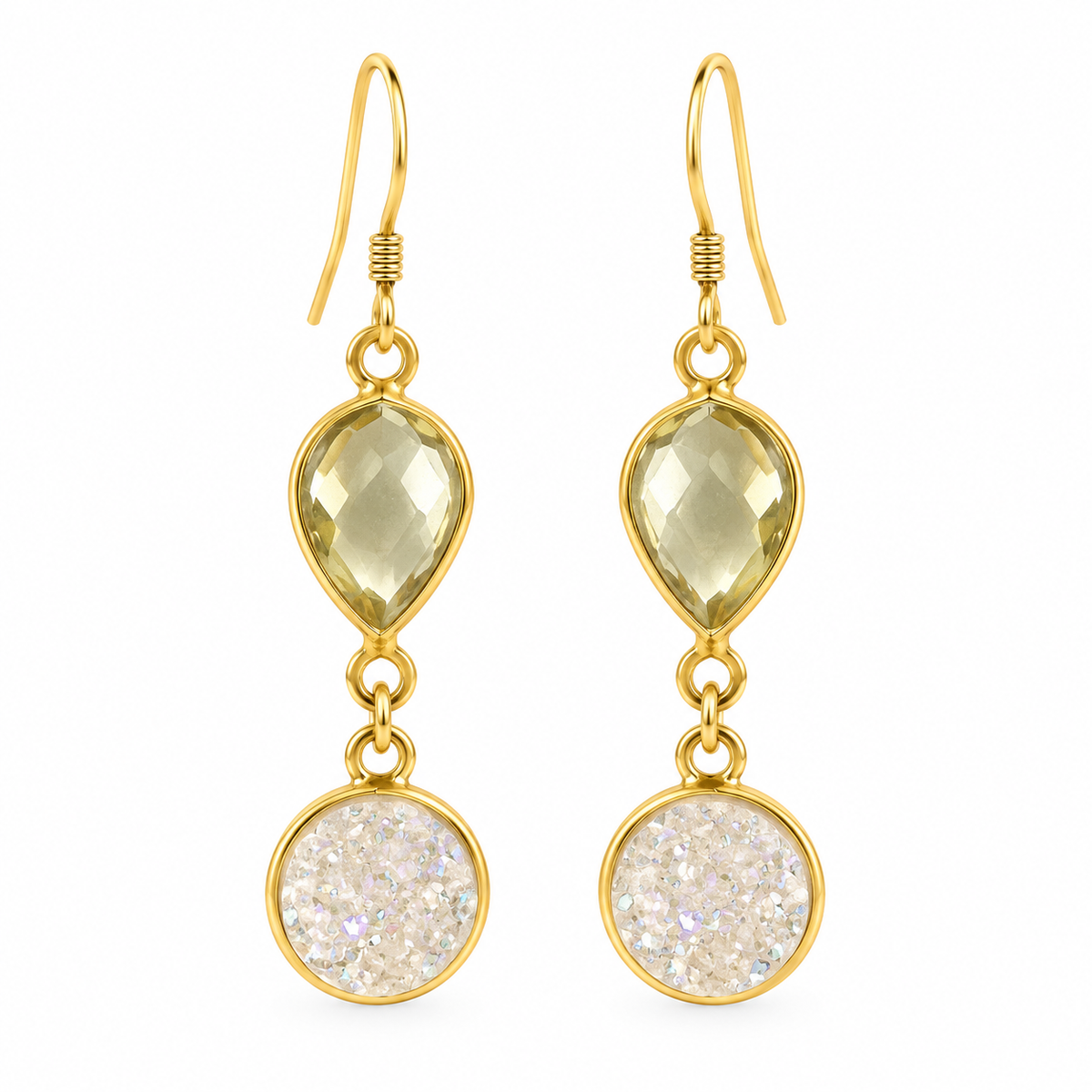 Lemon Quartz & White Druzy Drop Earrings – 14k Gold Filled