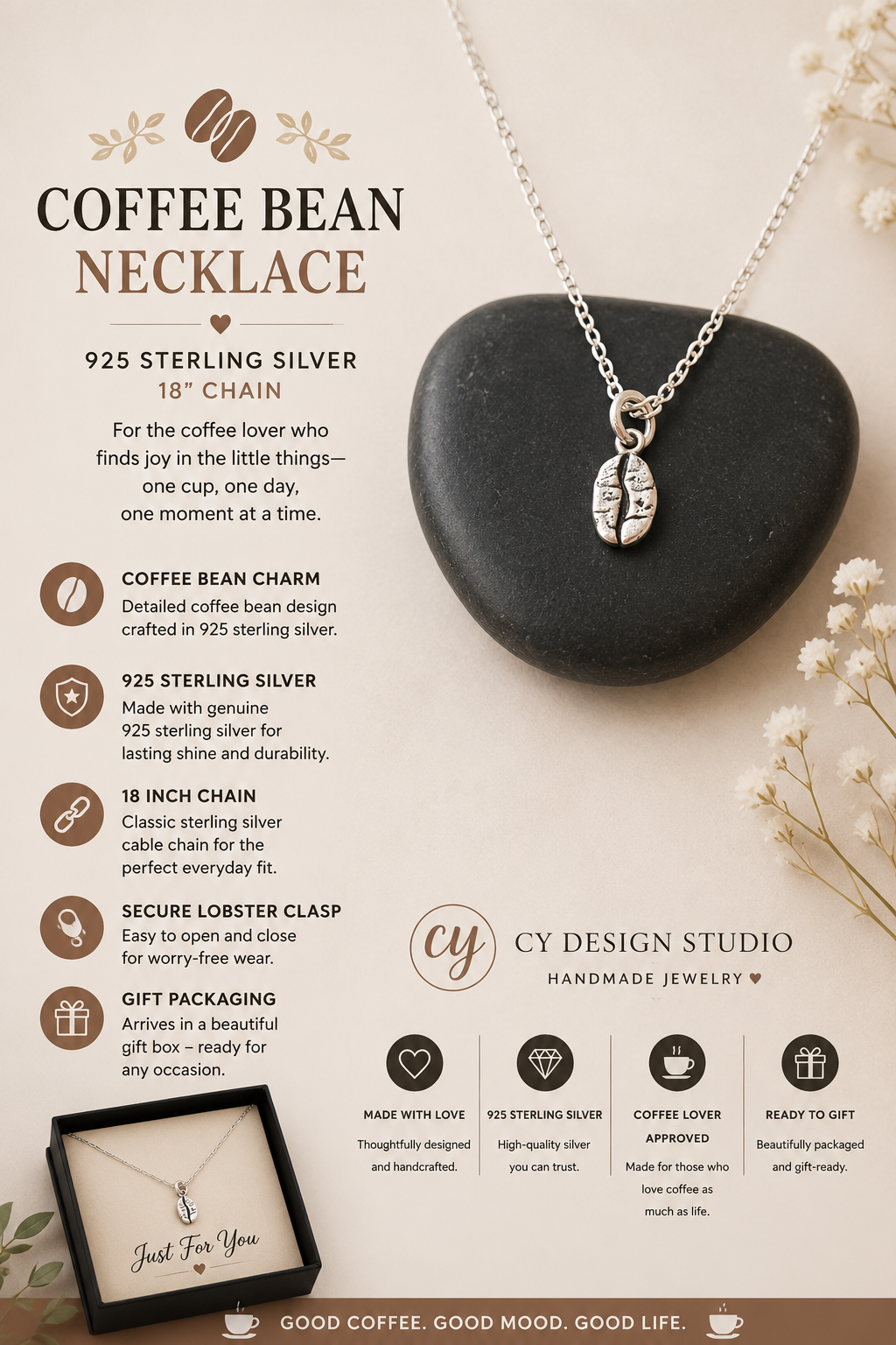 Coffee Bean 925 Sterling Silver Necklace