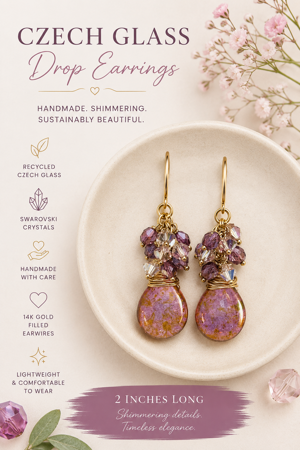 Czech Glass and Swarovski Crystal Cluster Wire Wrapped Earrings