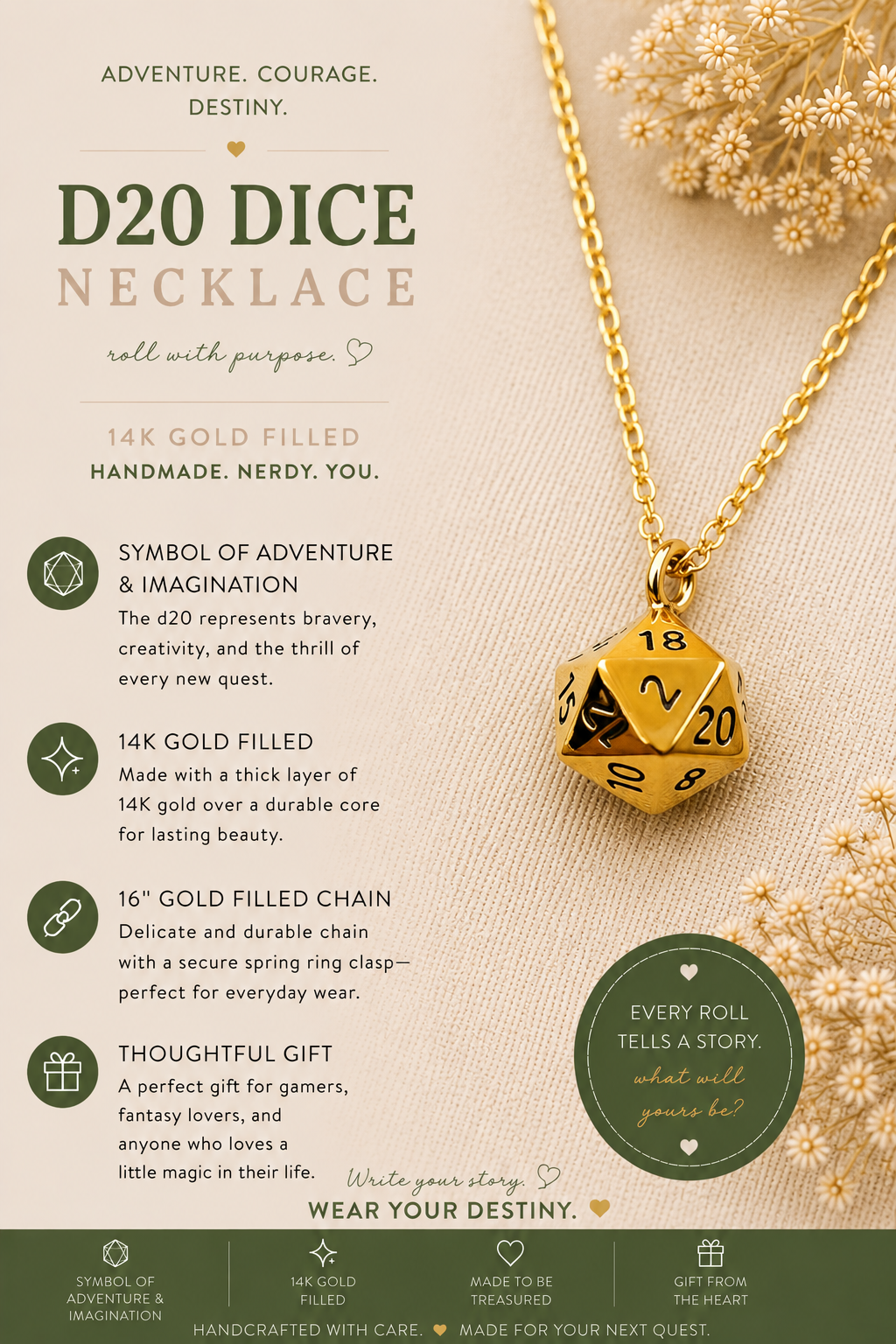 D20 Dice Necklace – 14k Gold Filled DnD Charm Jewelry, Handmade Gift for Her