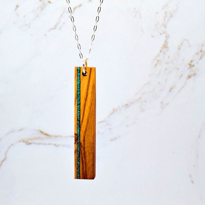Wood & Sterling Silver Bar Necklace, Vertical Stone Inlay