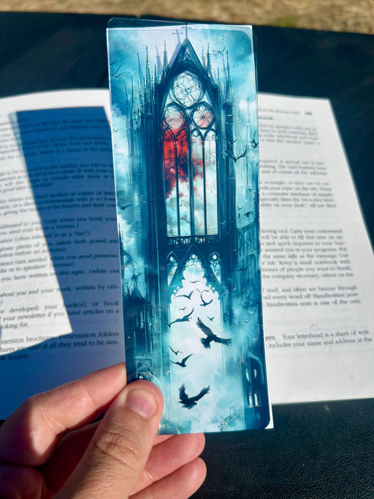Gothic cathedral and ravens bookmark with stained glass and misty skies | dark fantasy gothic art