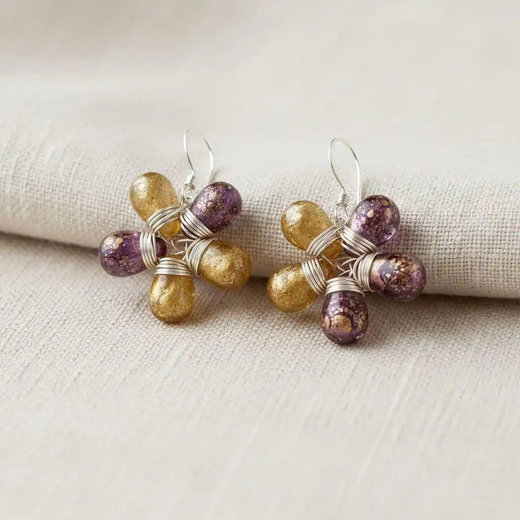 Purple and Yellow Flower Sterling Silver Earrings