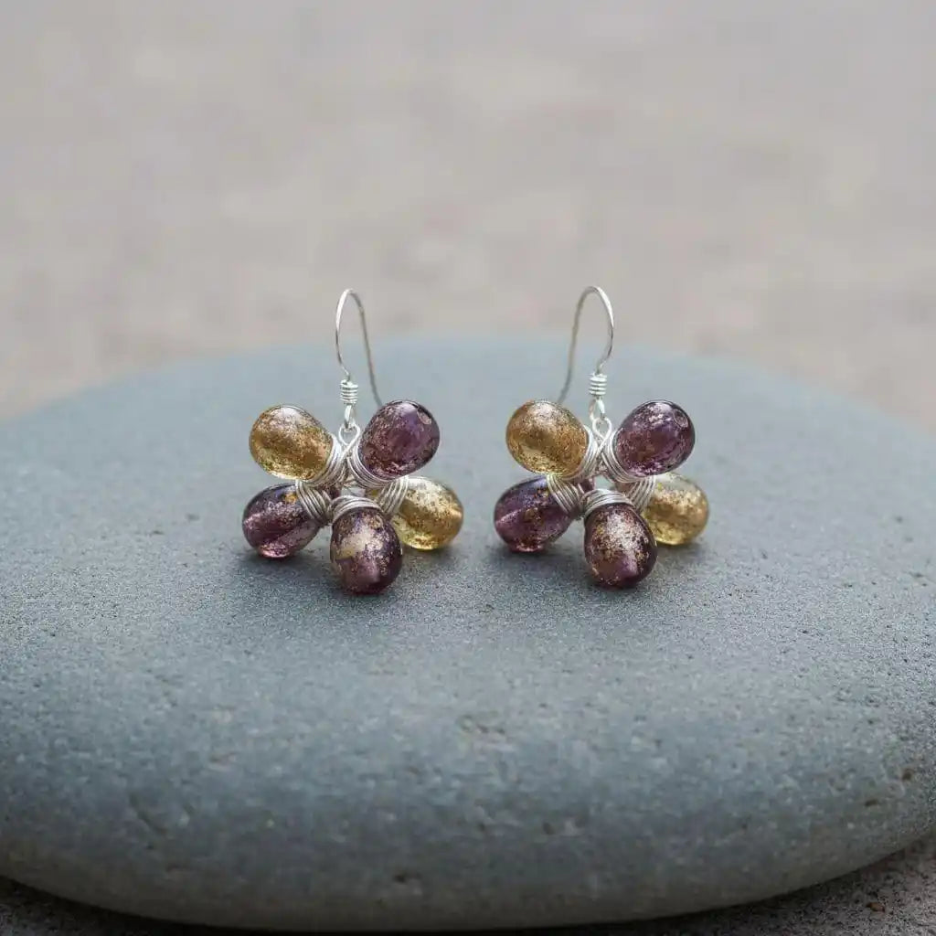 Purple and Yellow Flower Sterling Silver Earrings