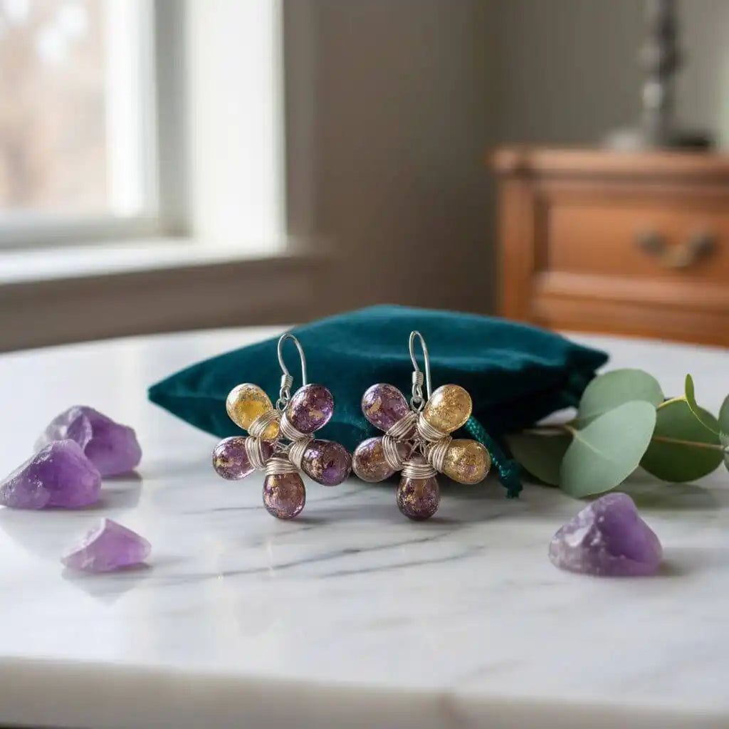 Purple and Yellow Flower Sterling Silver Earrings