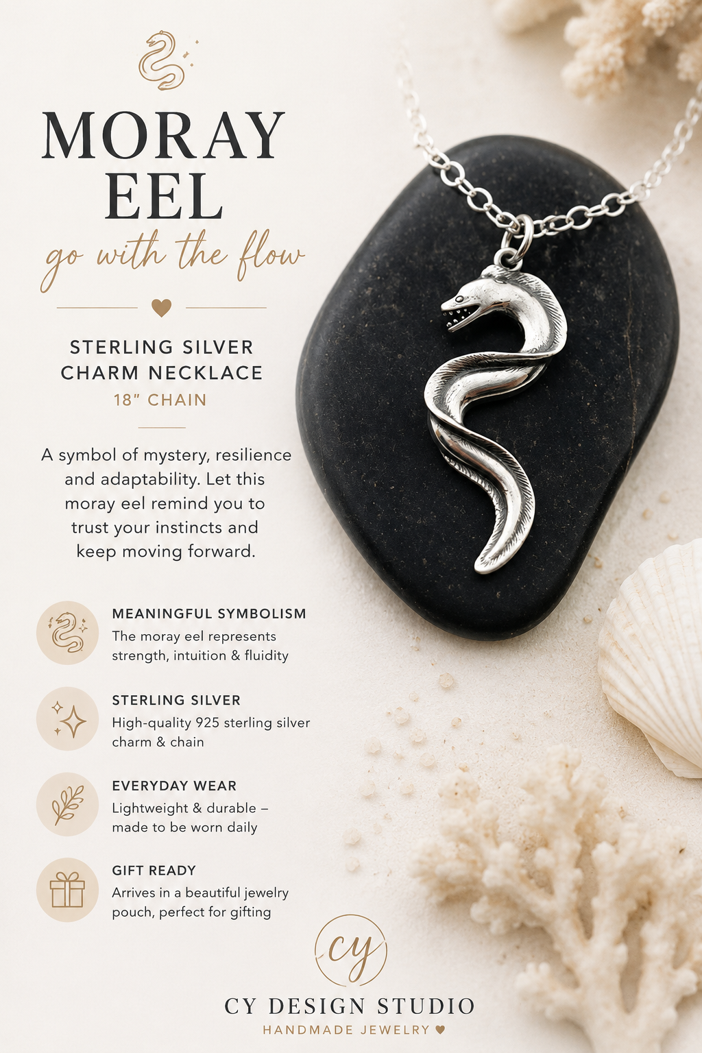 Moray Eel Sterling Silver Charm Necklace – 18" Chain