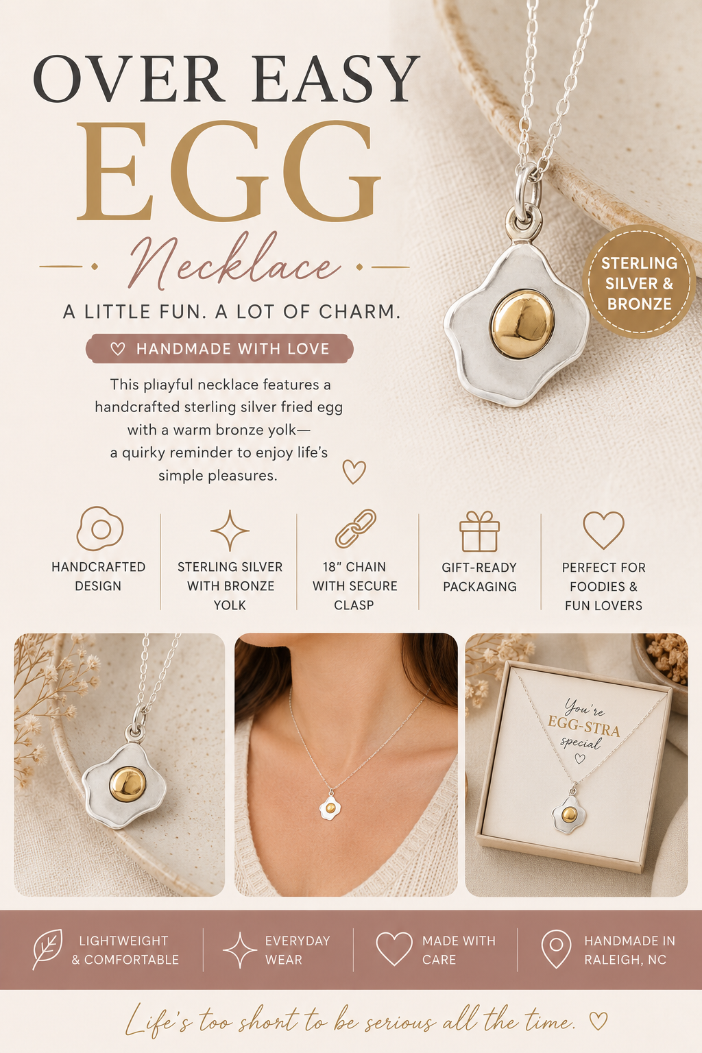 Over Easy Egg Necklace – Sterling Silver with Bronze Yolk, 18" Chain