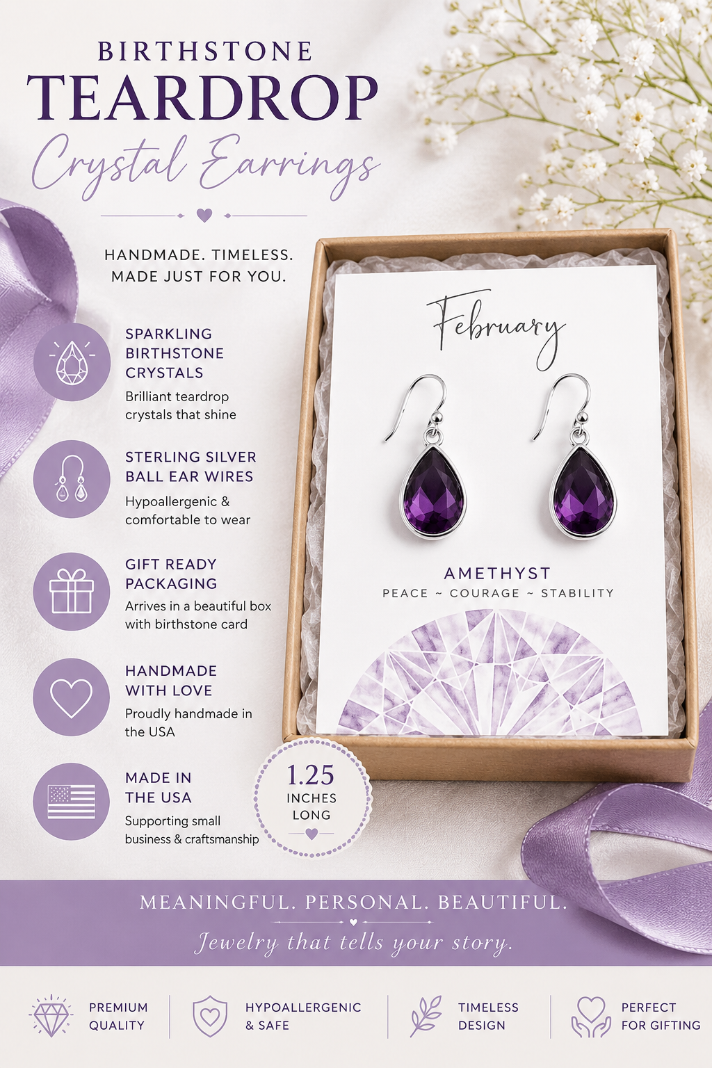 February Birthstone Earrings - Amethyst Crystal Sterling Silver Teardrop Earrings