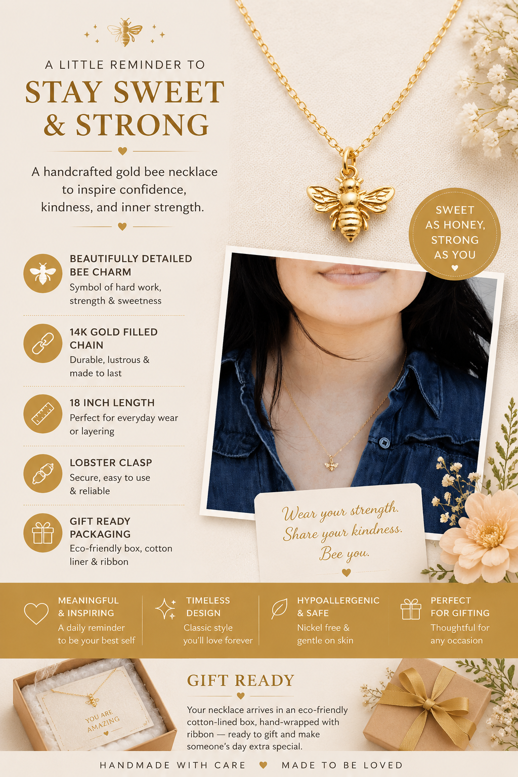 Gold Filled Bumble Bee Necklace – Gold Bee Charm on 18” Cable Chain
