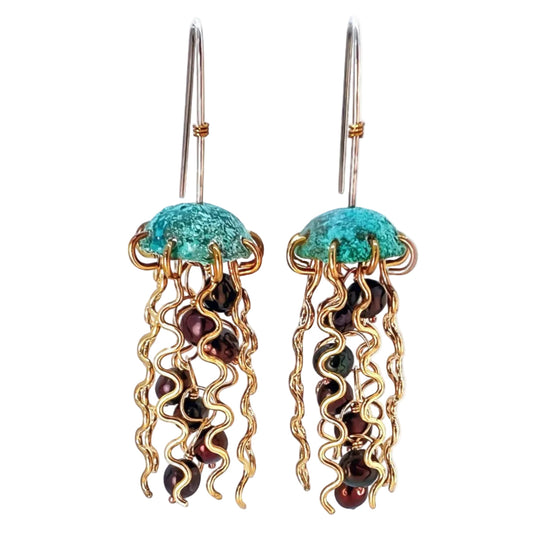 Green Copper Jellyfish Earrings with Dark Pearls and Hypoallergenic Niobium Earwires