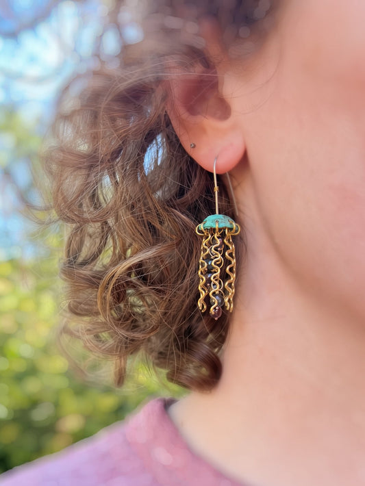 Green Copper Jellyfish Earrings with Dark Pearls and Hypoallergenic Niobium Earwires