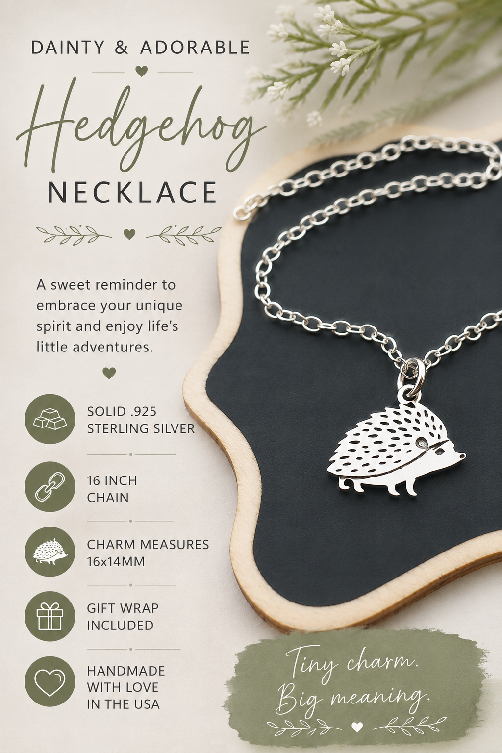 Hedgehog Charm Sterling Silver Necklace