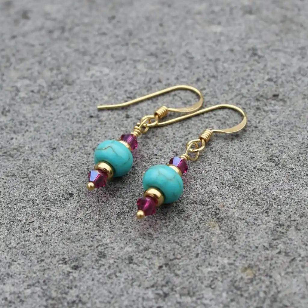 Hot Pink and Turquoise Gemstone 14 K Gold Filled Earrings