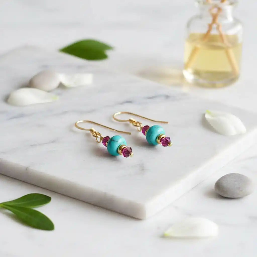 Hot Pink and Turquoise Gemstone 14 K Gold Filled Earrings