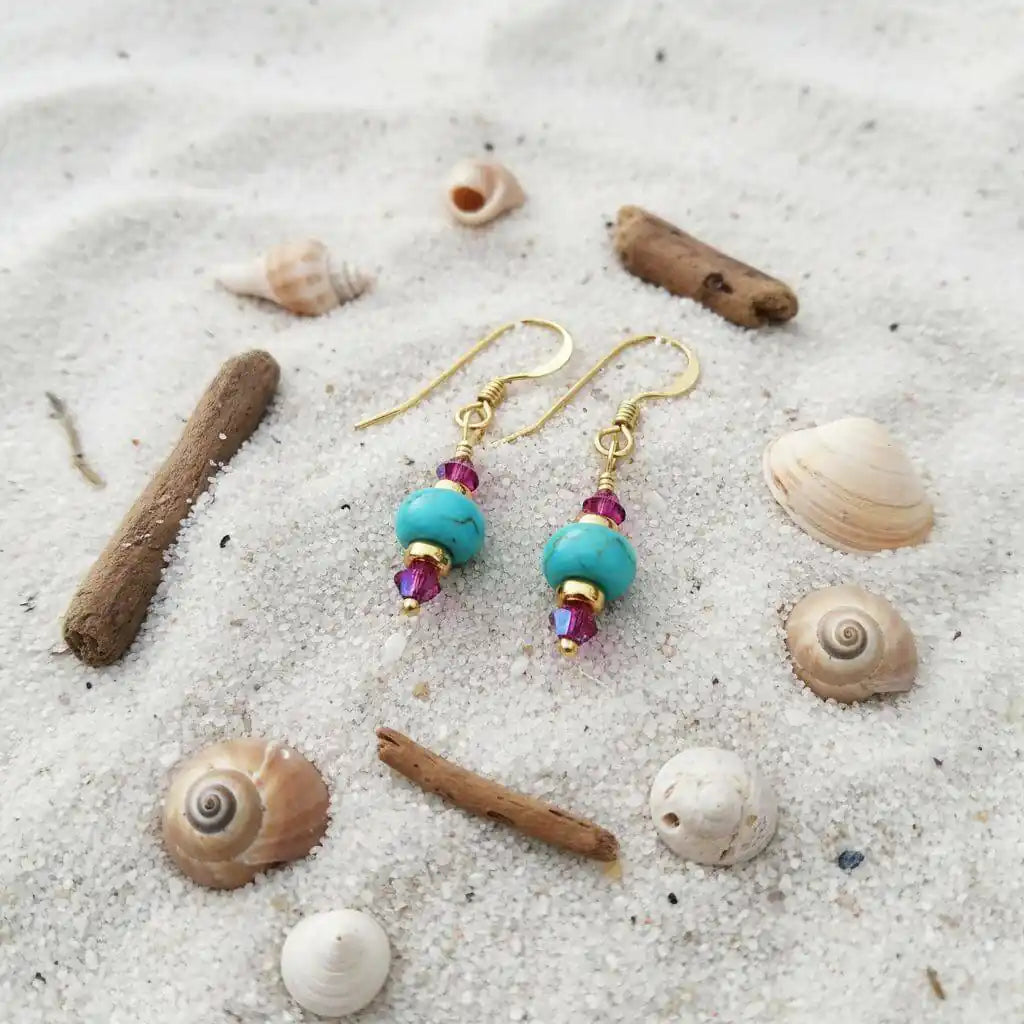 Hot Pink and Turquoise Gemstone 14 K Gold Filled Earrings