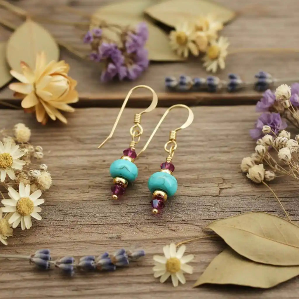 Hot Pink and Turquoise Gemstone 14 K Gold Filled Earrings