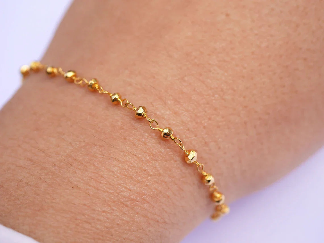 Gold Plated Pyrite Beaded Bracelet – Gold Filled, Adjustable 7–8"