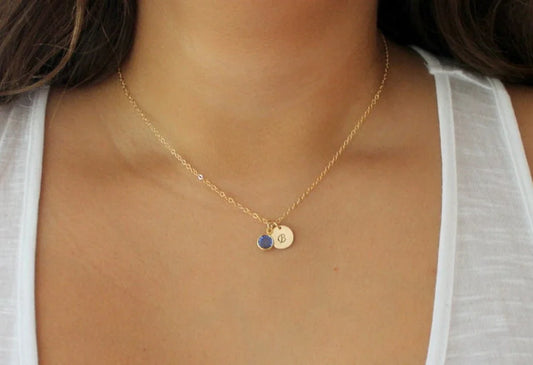 Gold Initial & Birthstone Necklace – Hand Stamped Charm with Swarovski Crystal