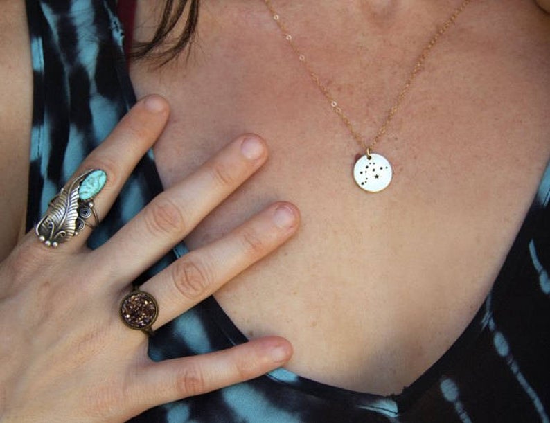 Aquarius Zodiac Necklace – Bronze Constellation Pendant on 14K Gold Filled Chain, Astrology Jewelry Gift