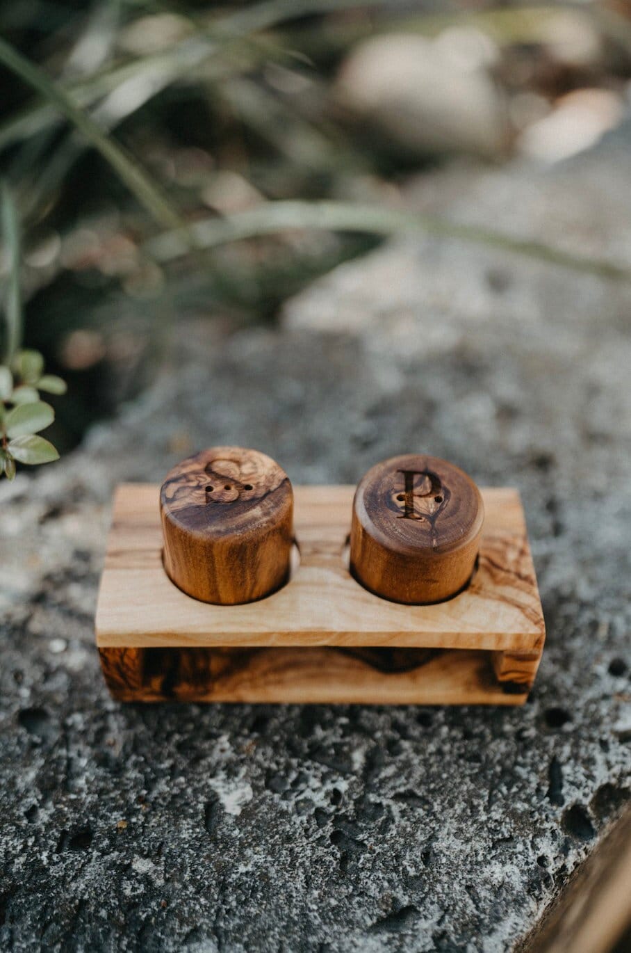 Olive Wood Salt And Pepper Shakers w/ Holder