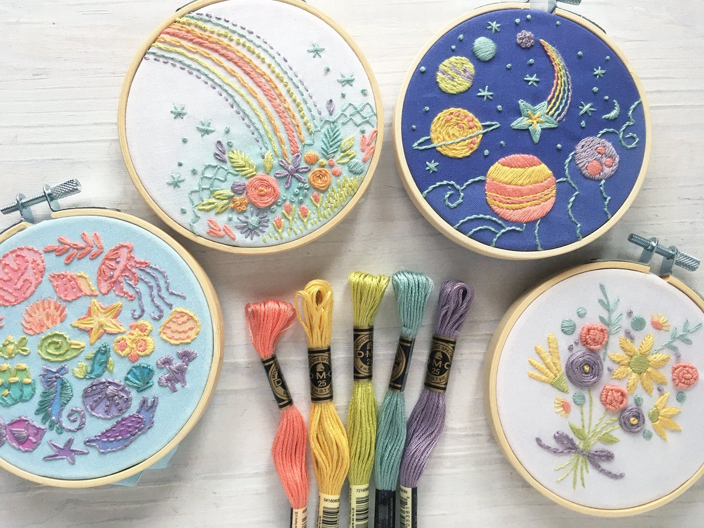 Hand Embroidery Start Up Supply Kit, floss, needles, scissors, hoop