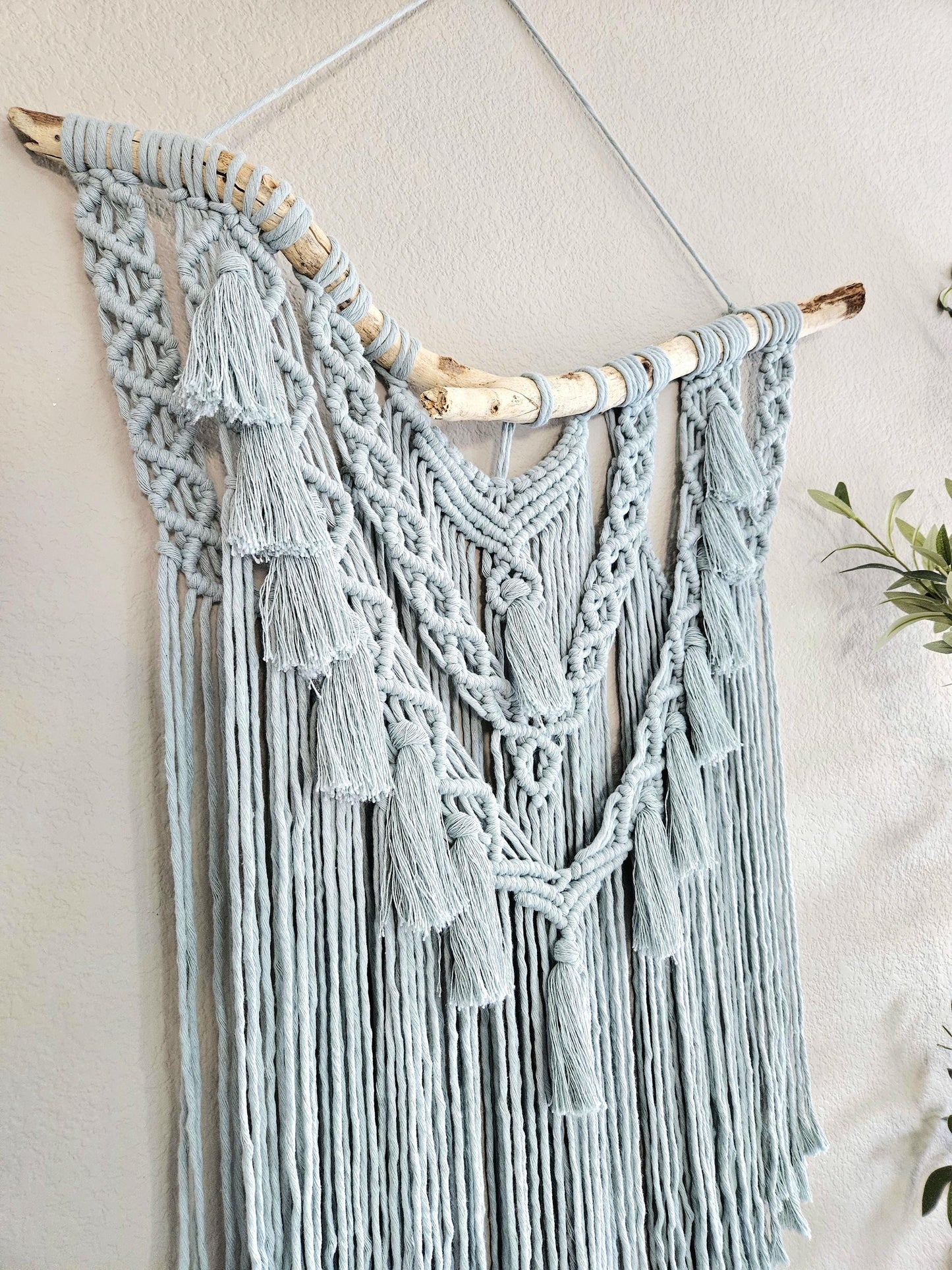 Clearance eggshell Blue macrame wall hanging.