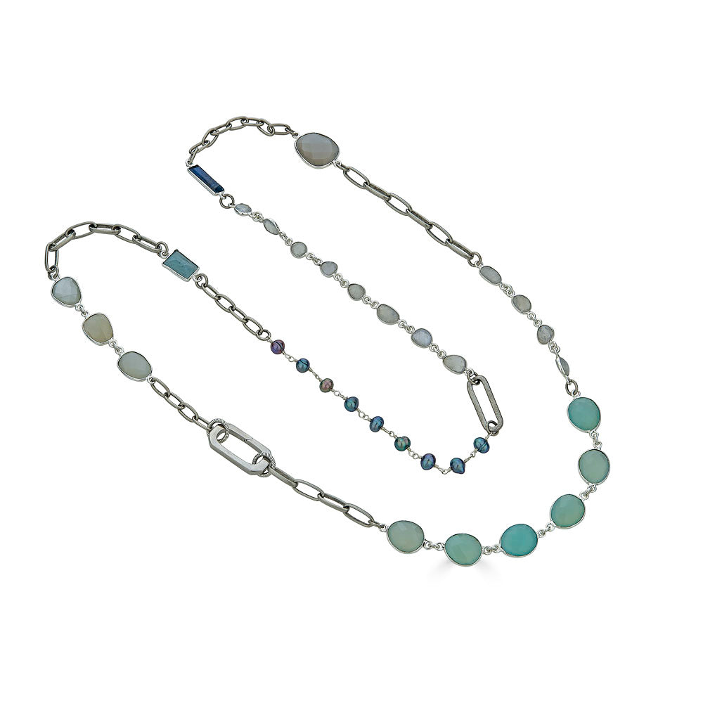 Silver Moonstone, Kyanite, Aquamarine and Pearl Long Necklace